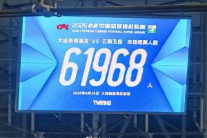 今晚大连梭鱼湾足球场61968名球迷现场观战，数字暂列今年国内第2