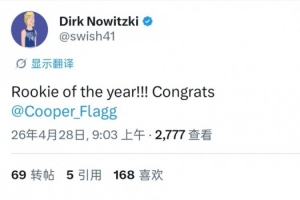 来自前辈的祝贺！诺维茨基：最佳新秀！！！恭喜弗拉格