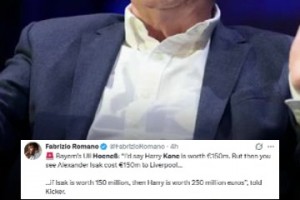 你觉得呢？赫内斯：如果伊萨克值1.5亿欧，那凯恩就值2.5亿